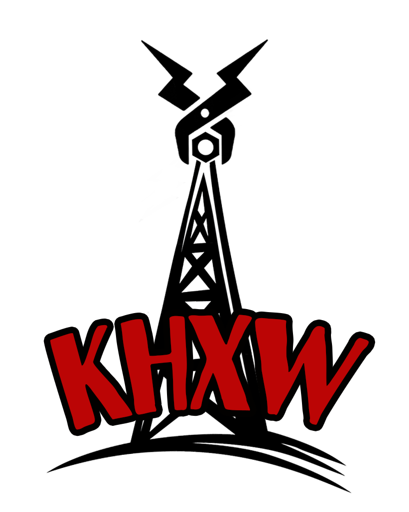 The KHXW logo, featuring the letters KHXW in red, over an illustration of a radio tower. The top of the tower is a hardware nut held by pliers, where the handles are shaped like lightning. 